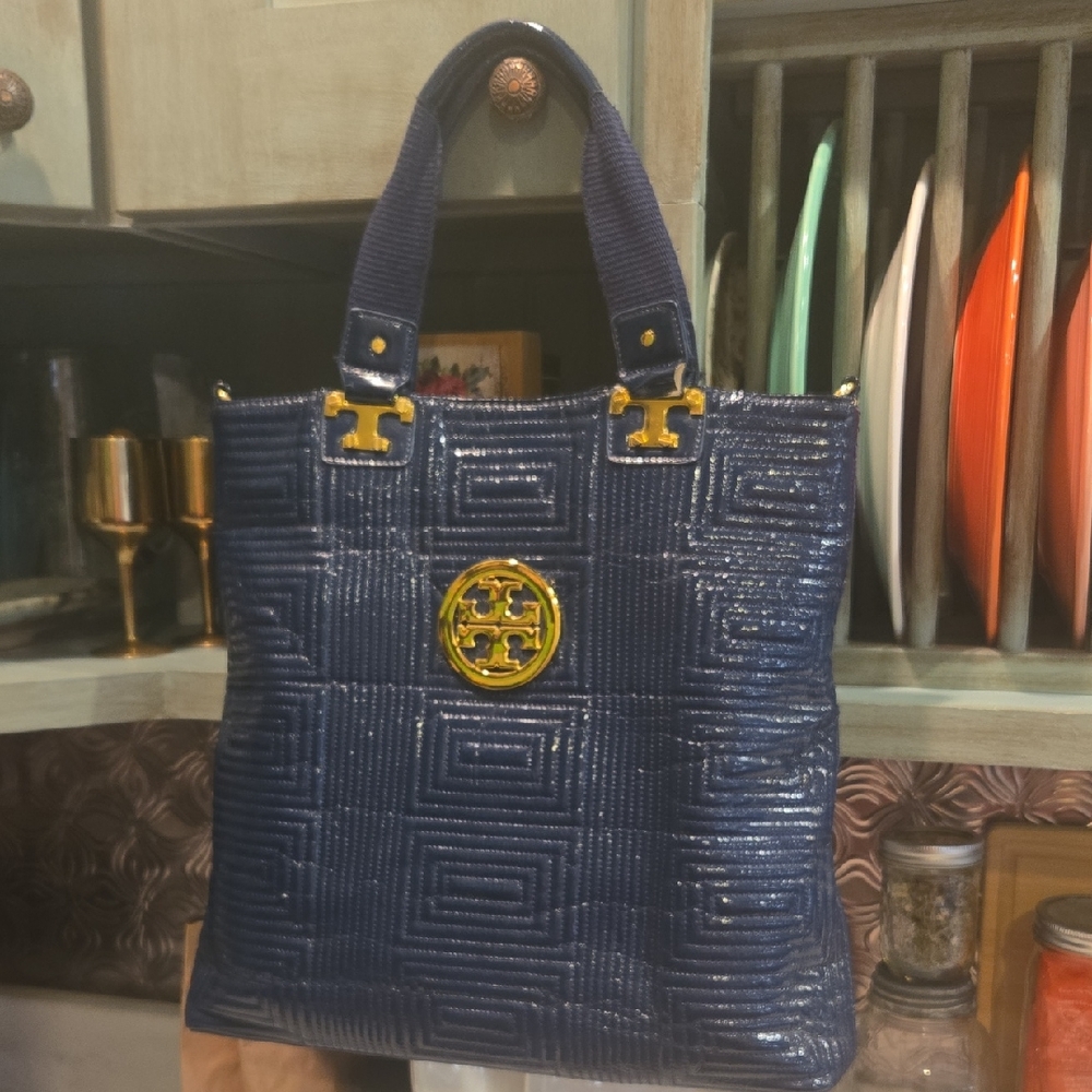 Tory Burch Quilted Navy Patent Leather Tote with Gold Emblem